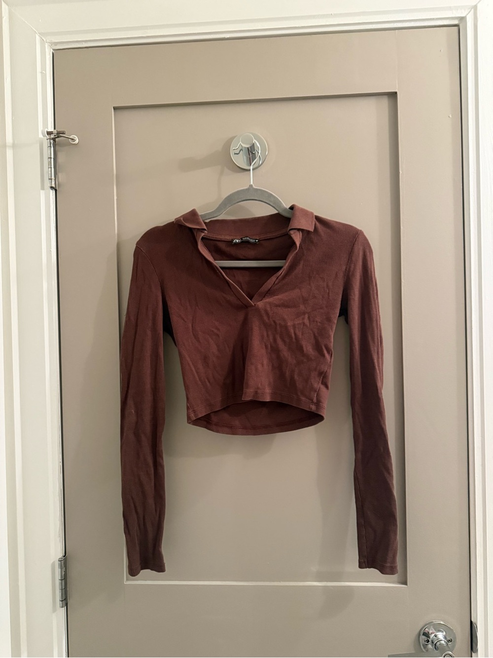 Zara Brown Cropped Long-Sleeve Polo Top